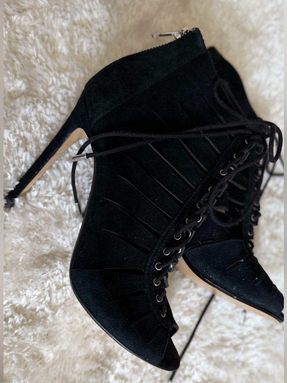 Steve Madden Black Suede Lace-Up  open toe Stiletto Ankle Boots